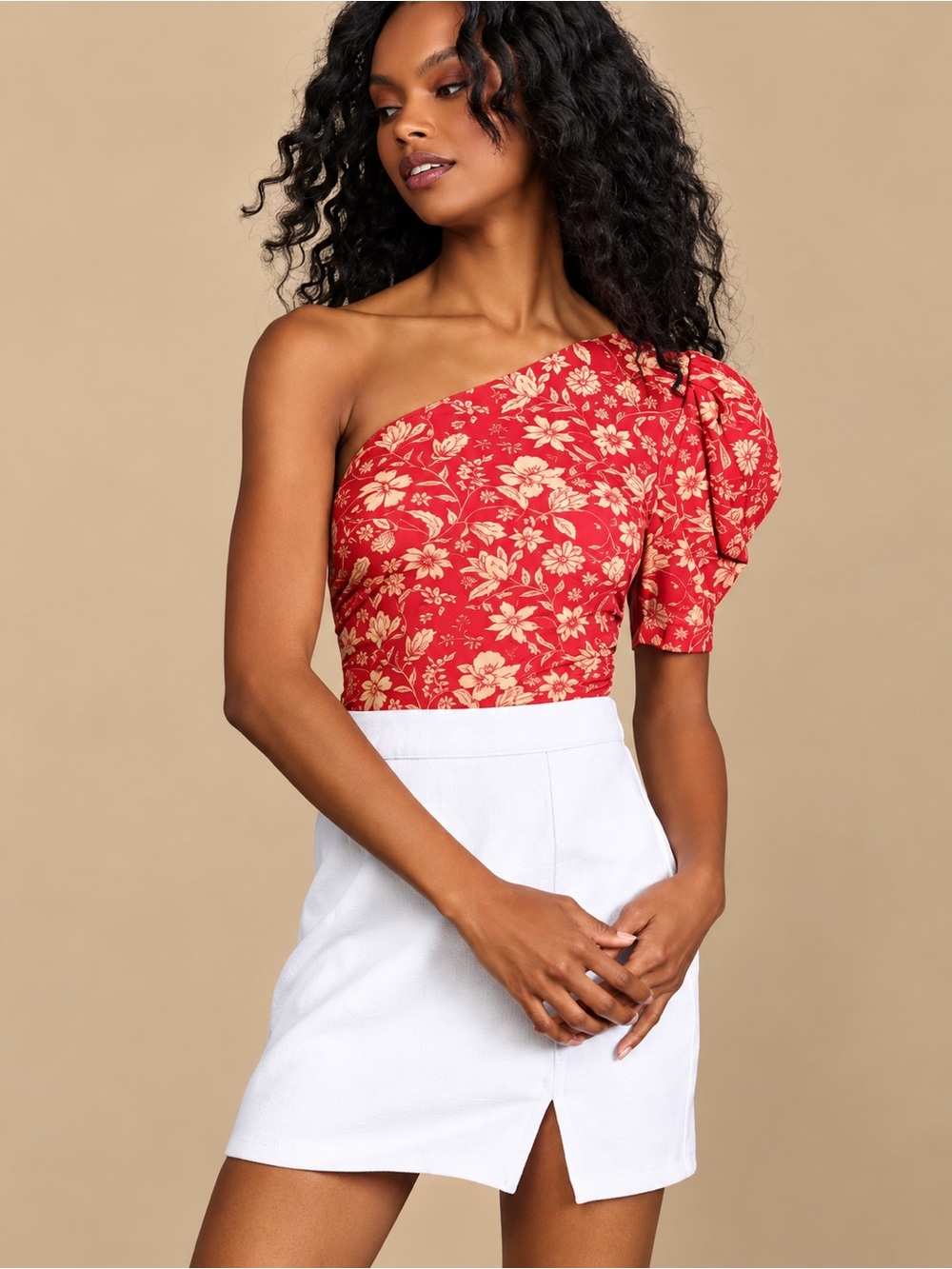 FREE PEOPLE Somethin Bout You One-Shoulder Red Floral Bodysuit Size S
